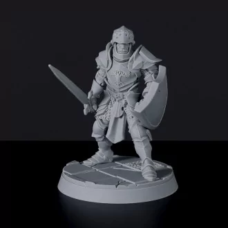 Miniature of human warrior knight with sword and armor Sanctum Crusaders - Wildwood Brotherhood set for Bloodfields RPG wargame
