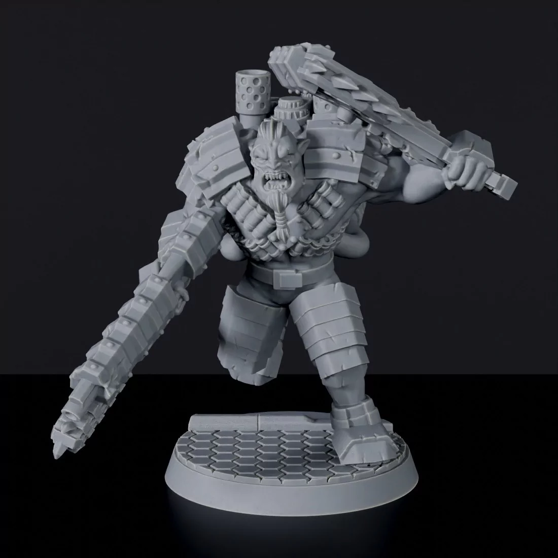 Futuristic miniature of male orc warrior with futuristic gun and axe - Ulug Hayaa on Foot for sci-fi tabletop army