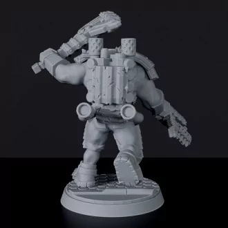 Sci fi male orc fighter with machine gun and axe - Ulug Hayaa on Foot miniature for science fiction RPG army