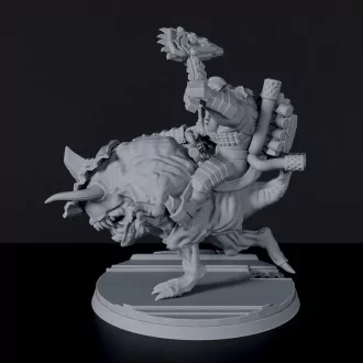 SCI-FI male orc fighter - Ulug Hayaa on Mount with machine gun and axe on monster for tabletop RPG wargames