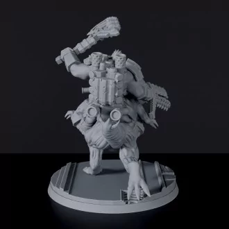 Sci fi male orc fighter with machine gun and axe on monster - Ulug Hayaa on Mount miniature for science fiction RPG army