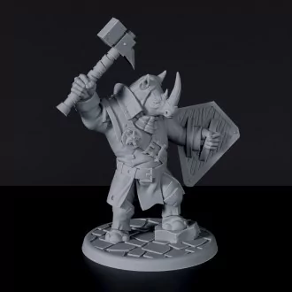Fantasy miniatures of beast fighter Faru with hammer and shield for Beastshape Tribe army dedicated to Bloodfields RPG game