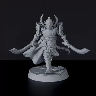 Fantasy miniatures of dark elf fighter Slazgar Bor'Duin with cloak and sword - dedicated set to Bloodfields army