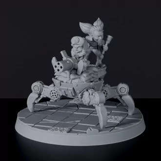 Fantasy miniatures of gnomes Oru & Nini in Walker warmachine with minigun for Tinkering Gnomes army