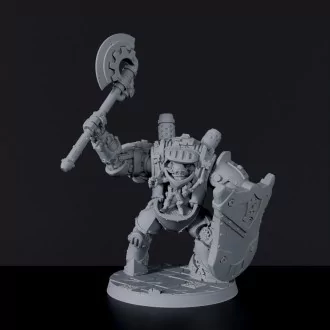 Fantasy miniatures of gnome Xaron in Steambot in monster machine with axe and shield for Tinkering Gnomes army