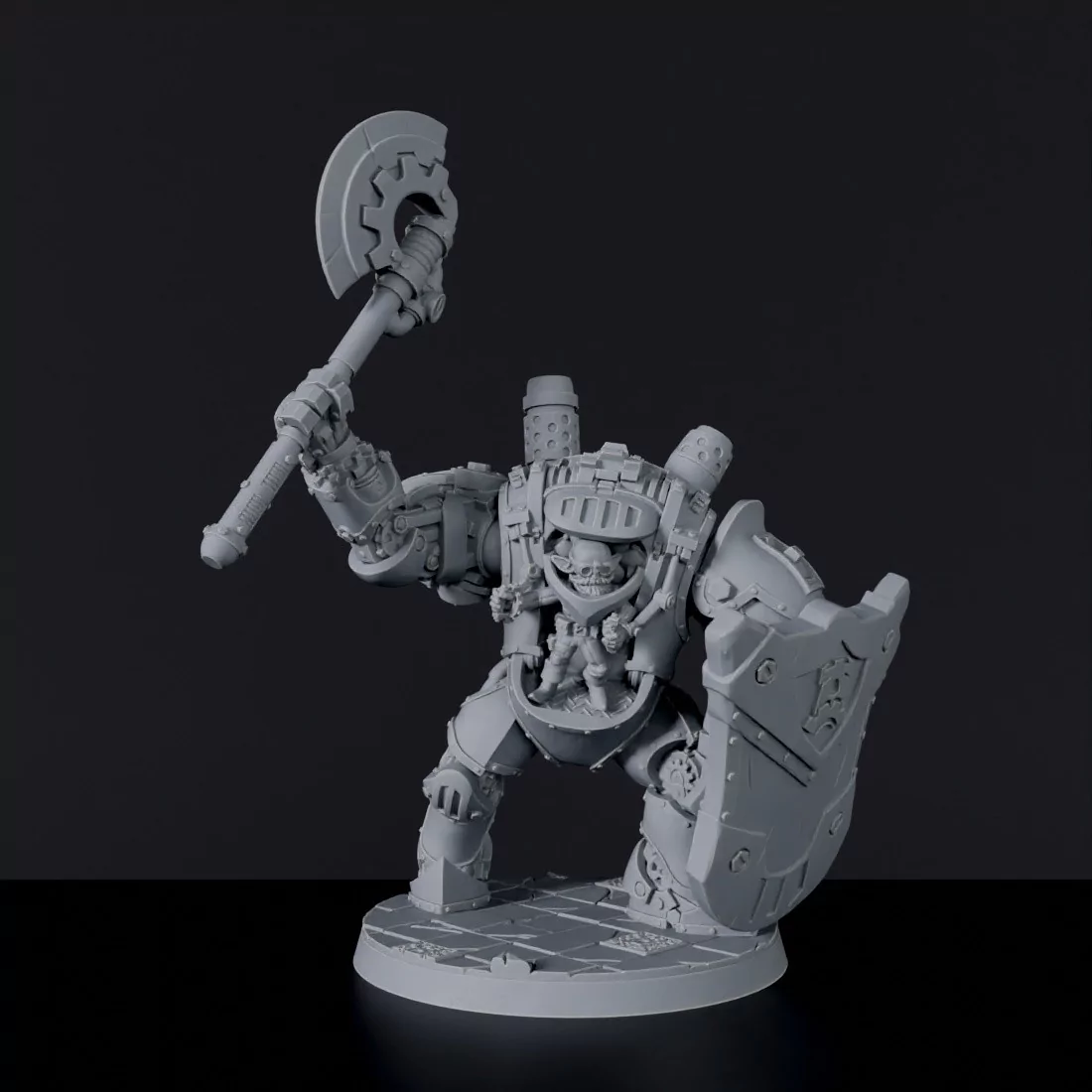 Fantasy miniatures of gnome Xaron in Steambot in monster machine with axe and shield for Tinkering Gnomes army