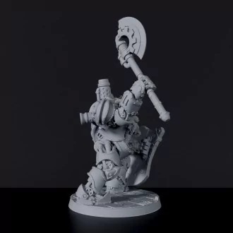 Miniature of gnome Xaron in Steambot monster machine with shield and axe - dedicated set for Tinkering Gnomes RPG army