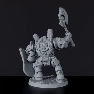 Fantasy miniature of gnome Xaron in Steambot in monster machine with shield and sword for Bloodfields tabletop RPG game