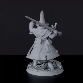 Fantasy miniature of Hugo Braav male fighter with sword and lamp for Bloodfields tabletop RPG game