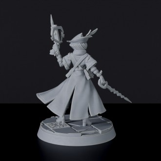 Fantasy miniature of Hilde Robben female fighter with hat, sword and crossbow for Bloodfields tabletop RPG game