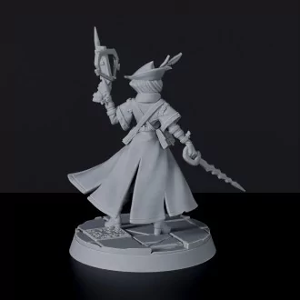 Fantasy miniature of Hilde Robben female fighter with hat, sword and crossbow for Bloodfields tabletop RPG game