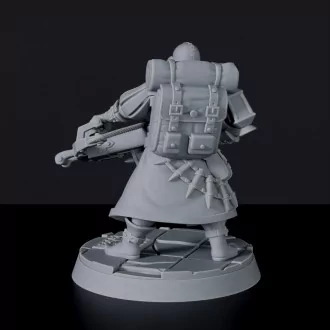 Fantasy miniature of Gunther Rivoha fighter with backpack and crossbow for Bloodfields tabletop RPG game