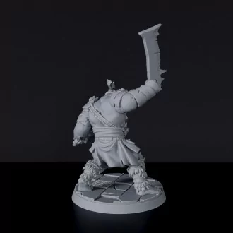 Fantasy miniature of Yaa Crashah orc warrior with swords for Bloodfields tabletop RPG game