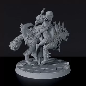 Miniature of Shara Starkfang orc warrior with halberd on wolf beast - dedicated set for Blackland Orcs RPG army
