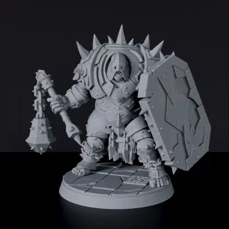 Fantasy miniatures of Krul Knurr orc warrior monster with armor and shield for Blackland Orcs army dedicated to Bloodfields