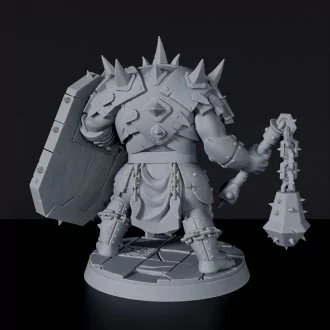 Fantasy miniature of Krul Knurr orc warrior monster with armor and shield for Bloodfields tabletop RPG game