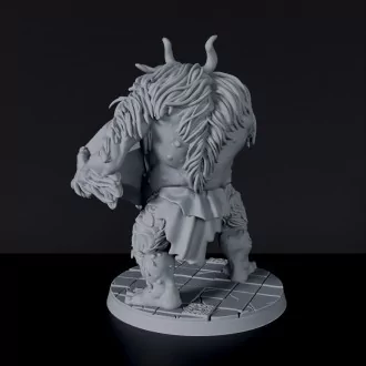 Fantasy miniature of barbarian beast Roogarin with stone for Bloodfields tabletop RPG game