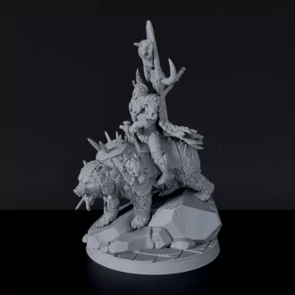Miniature of Grizz the Hungry barbarian fighter with spear on bear - dedicated set for Bloodfields Roaming Barbarians army
