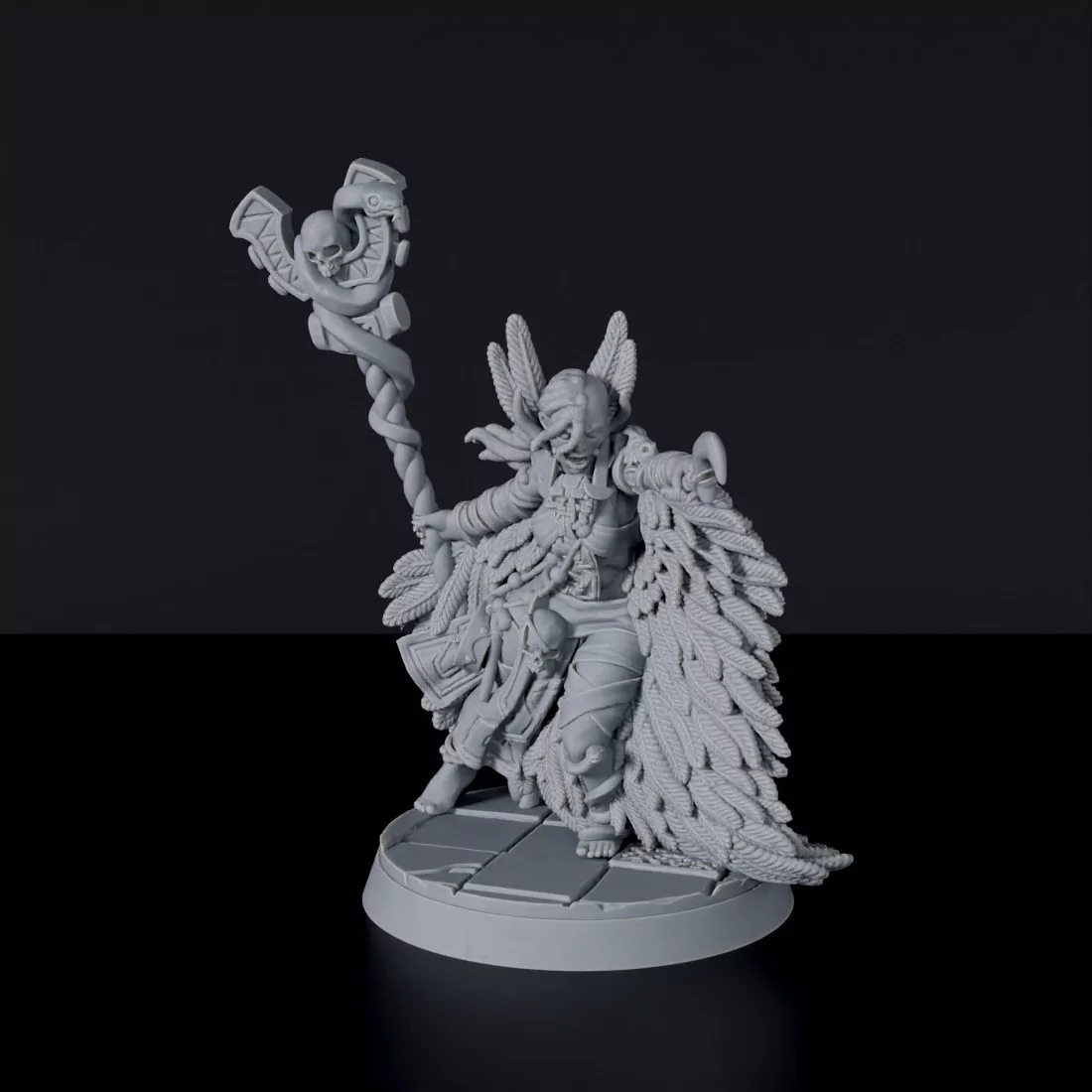 Fantasy miniatures of Talia Feathermage amazon wizard with staff and cloak - Jurassic Amazons army