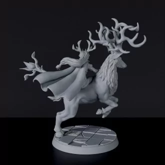Fantasy miniature of forest elf wizard Inu Woodwhisper with staff and cloak on deer - dedicated set to army for Bloodfields