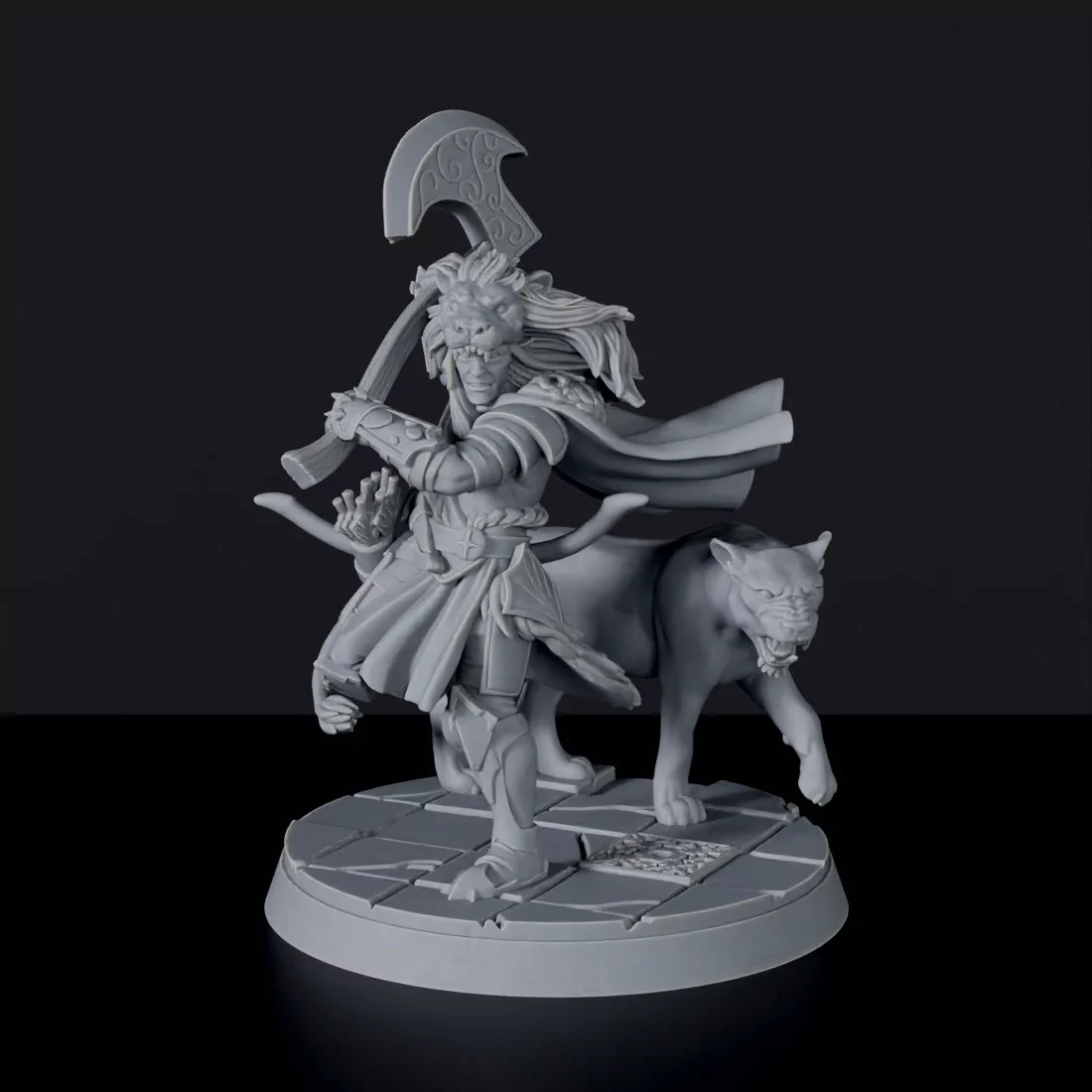 Fantasy miniatures of elf warrior Lion Whiteclaw with cat and axe - Bloodfields tabletop RPG game