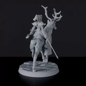Fantasy miniature of female elf fighter Paradash Sundrop on deer with spear for Bloodfields tabletop RPG game