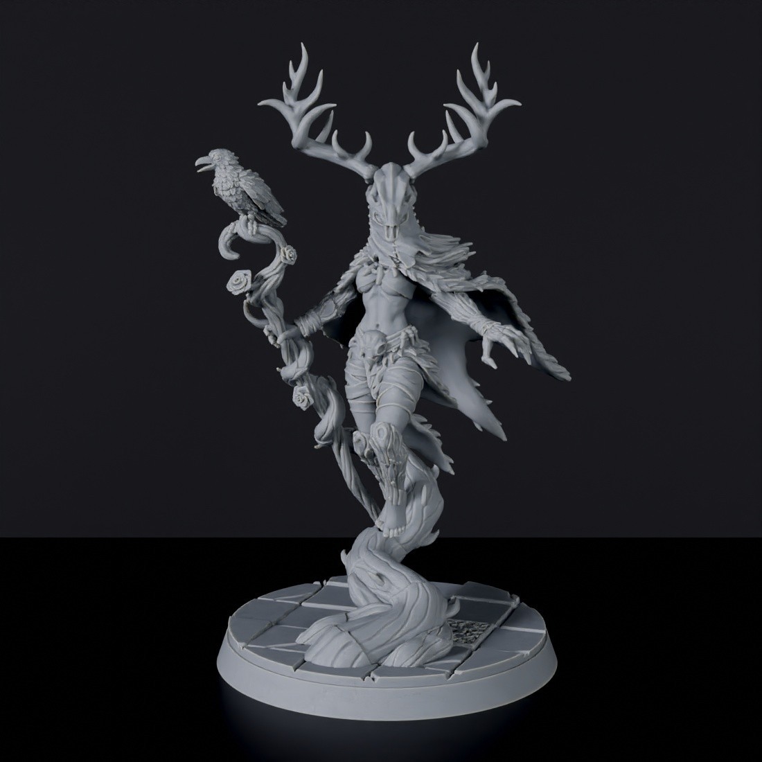 Fantasy miniatures of knight druid Suri the Maleficent Omen with staff and bird - Bloodfields tabletop RPG game Suri the Maleficent Omen