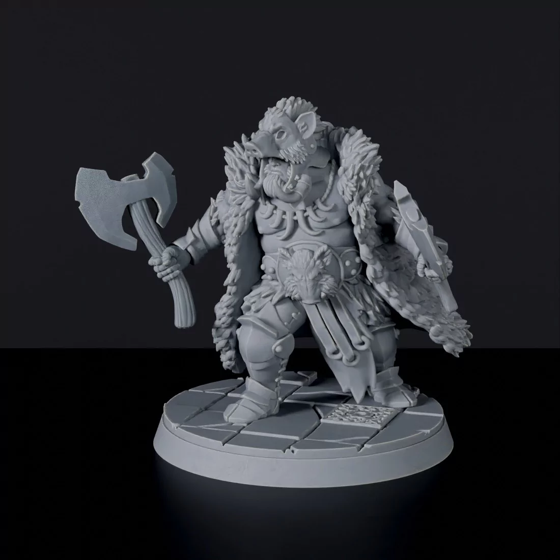 Fantasy miniatures of knight barbarian Hoggs the Rampager with axes - Bloodfields tabletop RPG game