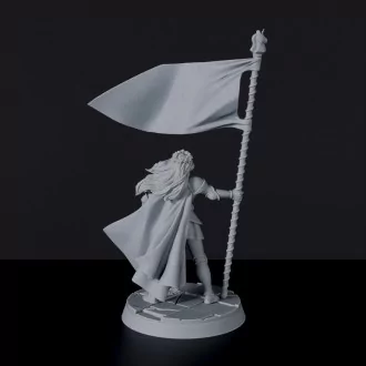 Fantasy miniature of female knight with flag Kathrina Bright for Bloodfields tabletop RPG game