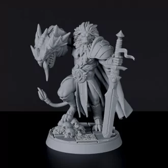 Miniature of Pristinus Silvermane lion fighter with dragon head and sword - dedicated set for Bloodfields Mercenaries army