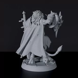 Fantasy miniature of Pristinus Silvermane lion knight with dragon head and sword for Bloodfields tabletop RPG game