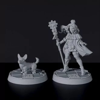 Fantasy miniature of female with mechanical dog Tesla Arcane Engineer for Bloodfields tabletop RPG game
