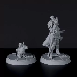 Dedicated set for Bloodfields Mercenaries army - fantasy miniature Tesla Arcane Engineer female with mechanical dog