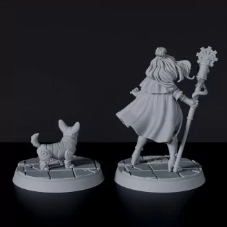 Fantasy miniature of female Tesla Arcane Engineer with mechanical dog for Bloodfields tabletop RPG game