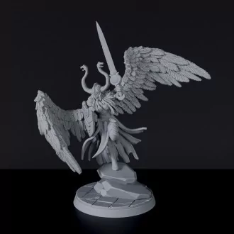 Fantasy miniature of Valkyrie flying female warrior with sword and shield for Bloodfields tabletop RPG game