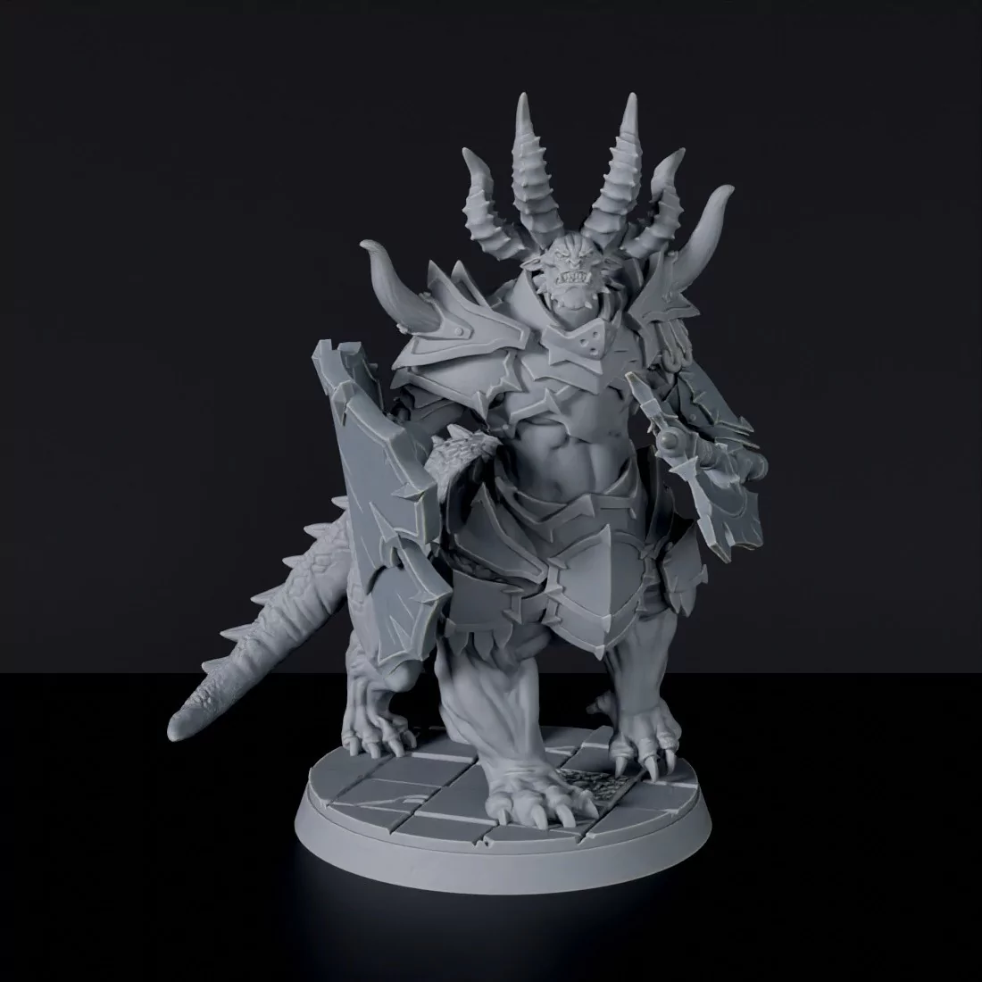 Fantasy miniatures of demon beast Grogo the Crusher with axe and shield - Bloodfields tabletop RPG game