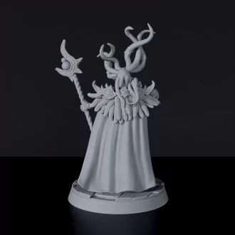 Fantasy miniature of demon female warlock Lilith with sphere and staff for Bloodfields tabletop RPG game