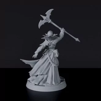 Fantasy miniature of vampire Lucien The Necromancer with tome and axe for Bloodfields tabletop RPG game