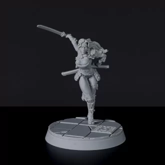 Fantasy miniatures of female warrior Yuko with two swords - Bloodfields tabletop RPG game