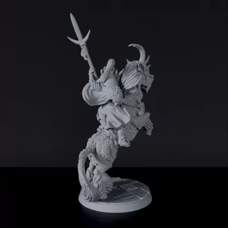 Fantasy miniature of asian samurai fighter Shinda on Kirin with spear on horse - Bloodfields tabletop RPG game