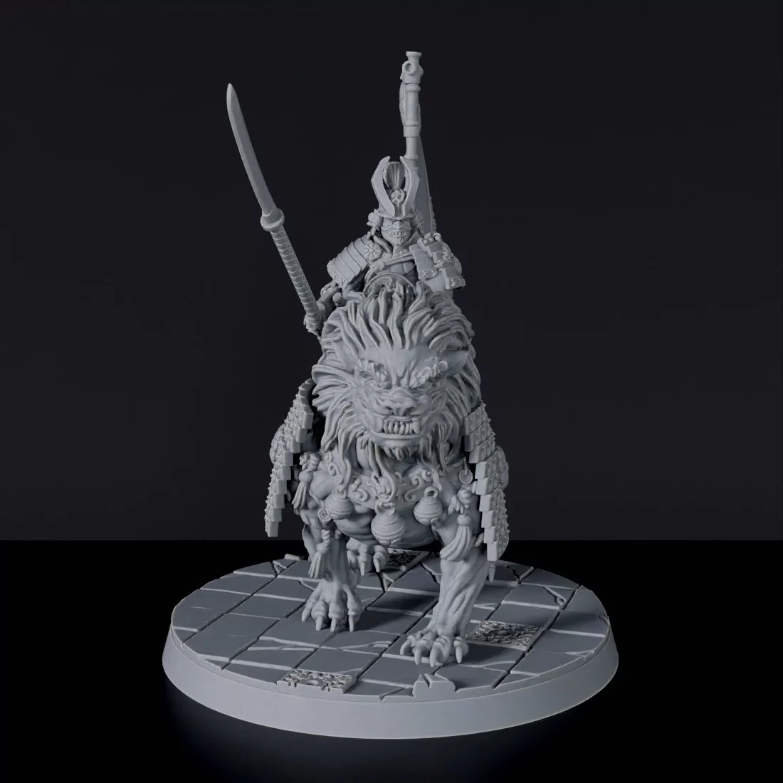 Fantasy miniatures of asian warrior Komainu Spearman with spar on dragon beast - Bloodfields tabletop RPG game