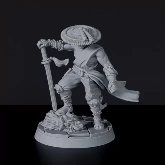 Fantasy miniatures of asian samurai warrior Vinn-Fo with hat and sword - Bloodfields tabletop RPG game