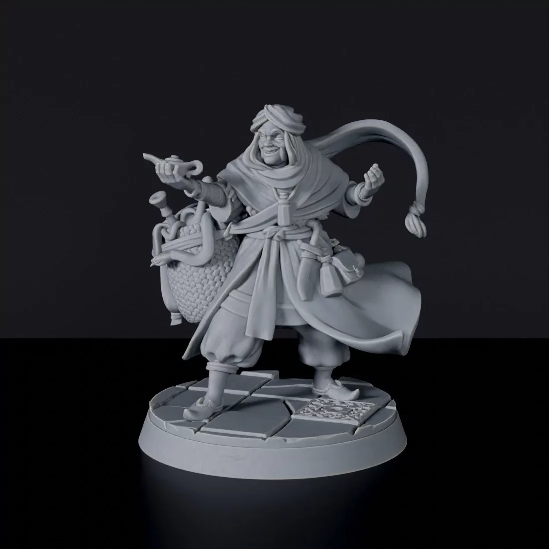 Fantasy miniatures of Mia Sana'a arabic warrior with magic gin lamp miniature - Bloodfields tabletop RPG game
