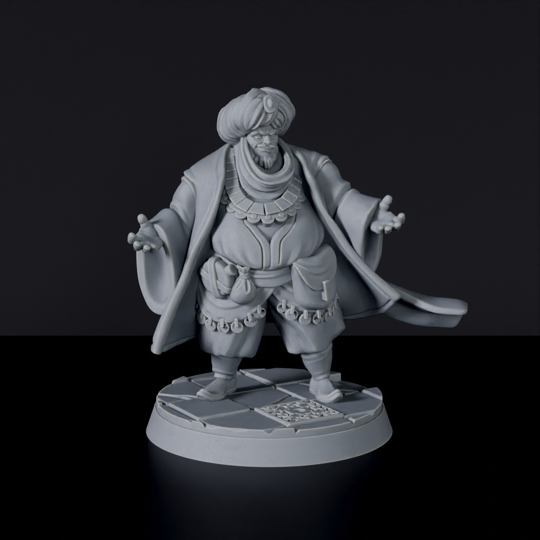 Fantasy miniatures of Khalid Al-Bazaar arabic warrior with cloak and hat miniature - Bloodfields tabletop RPG game Khalid Al-Bazaar