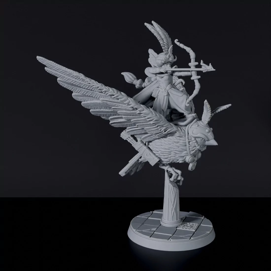 Fantasy miniatures of flying arabic warrior Farrow'Kor with bow on bird beast - Bloodfields tabletop RPG game