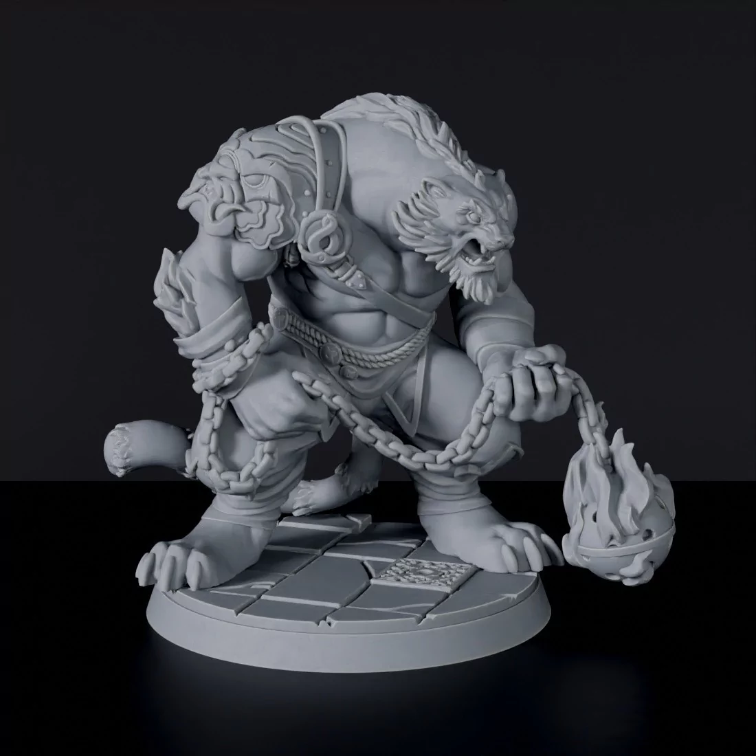 Fantasy miniatures of cat beast Gru'Stafa with burning ball - Bloodfields tabletop RPG game