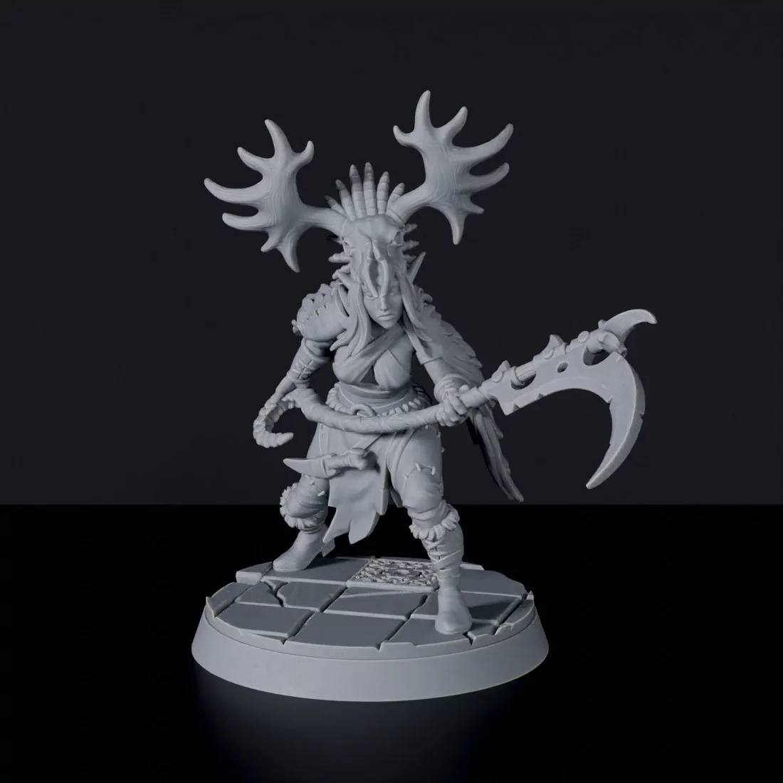 Fantasy miniatures Na'Leera Naturalist female warrior with scythe for Bloodfields tabletop RPG game