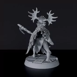 Fantasy miniature Na'Leera Naturalist female fighter with scythe for Bloodfields tabletop RPG game