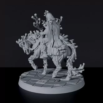 Fantasy miniature Darr Mushroomancer swamp wizard with staff on horse for Bloodfields tabletop RPG game