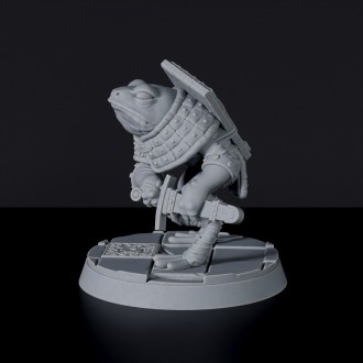 Miniature of Croak the Ambusher frog fighter with sword and shield - Sullen Swampfolk dedicated set for Bloodfields RPG wargame